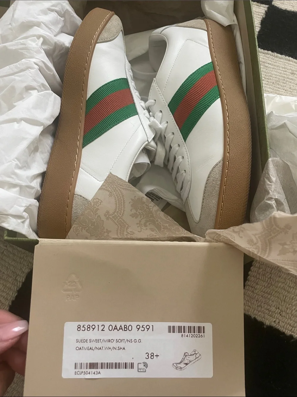 Gucci White Leather Sneakers with Green & Red Stripe and Tan Sole